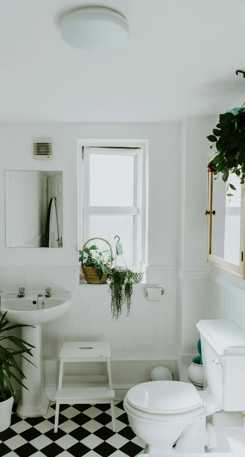 Light-filled residential bathroom with stone surfaces and refined fixtures